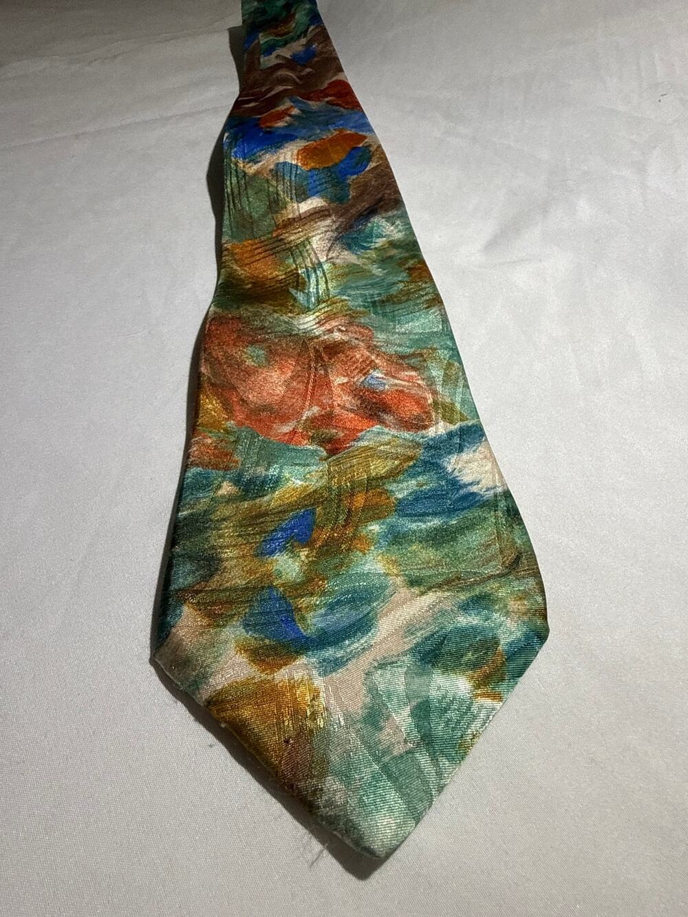 Towncraft Mens 100% Silk Tie Green Orange Abstract 57" 4" Wide Vintage